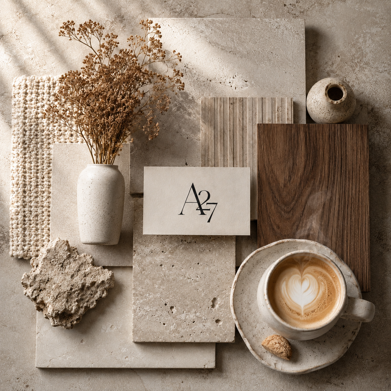 Moodboard met warme materialen en natuurlijke tinten voor Atelier 27